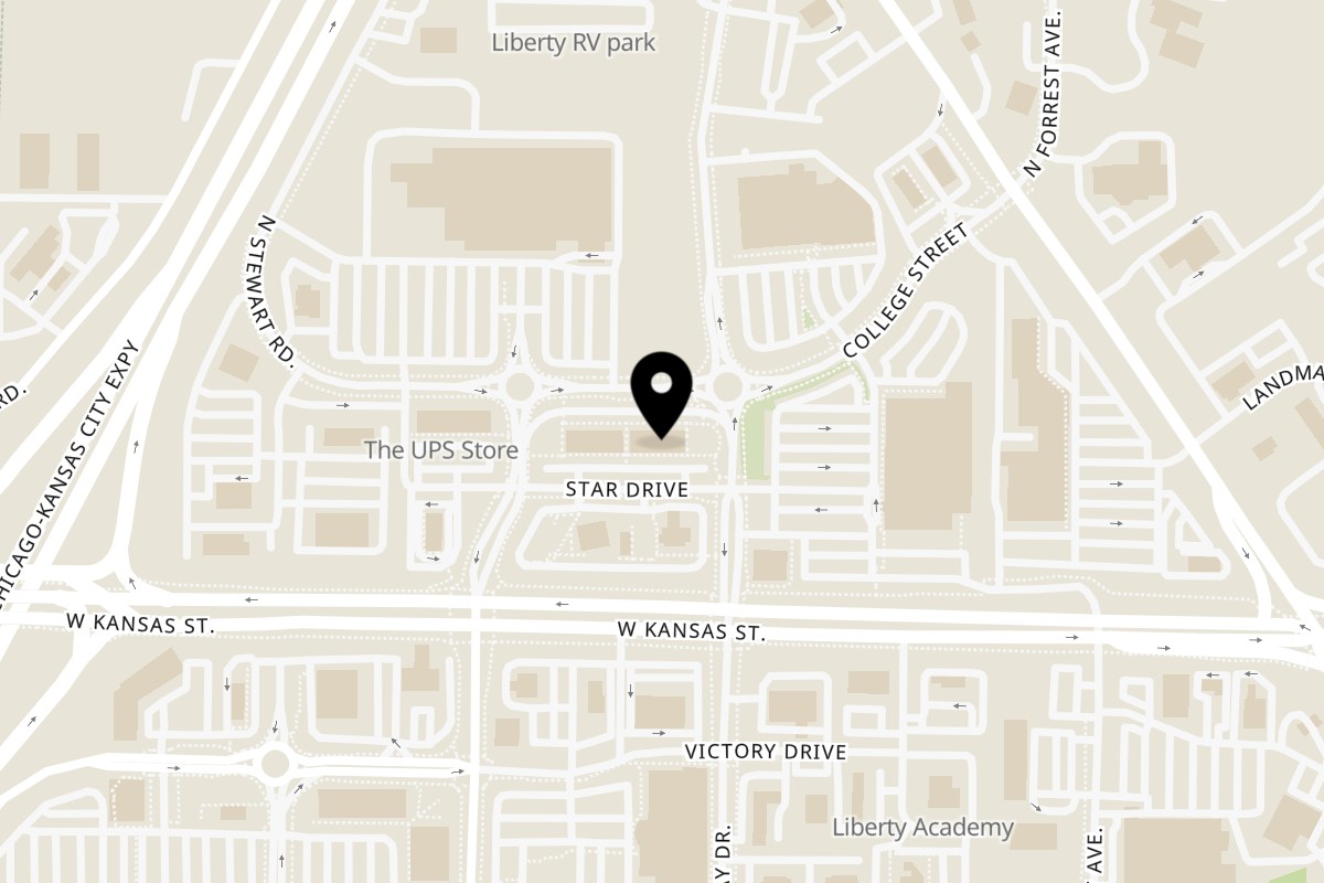 Map showing the location of Tasty Thai on 1912 Star Dr in Liberty